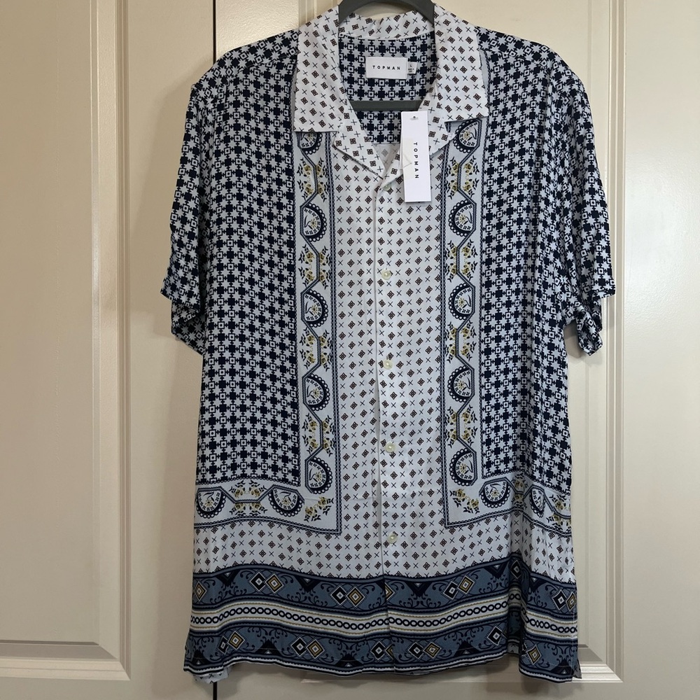 Topman Blue and White Geometric Men's Shirt